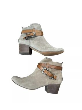 COACH women 8.5 taupe suede leather borwn leather strap block heel ankle booties